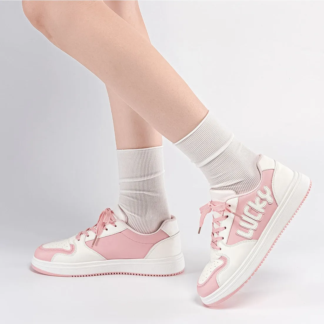 Kawaii Pink Lucky Embroidered Sneakers