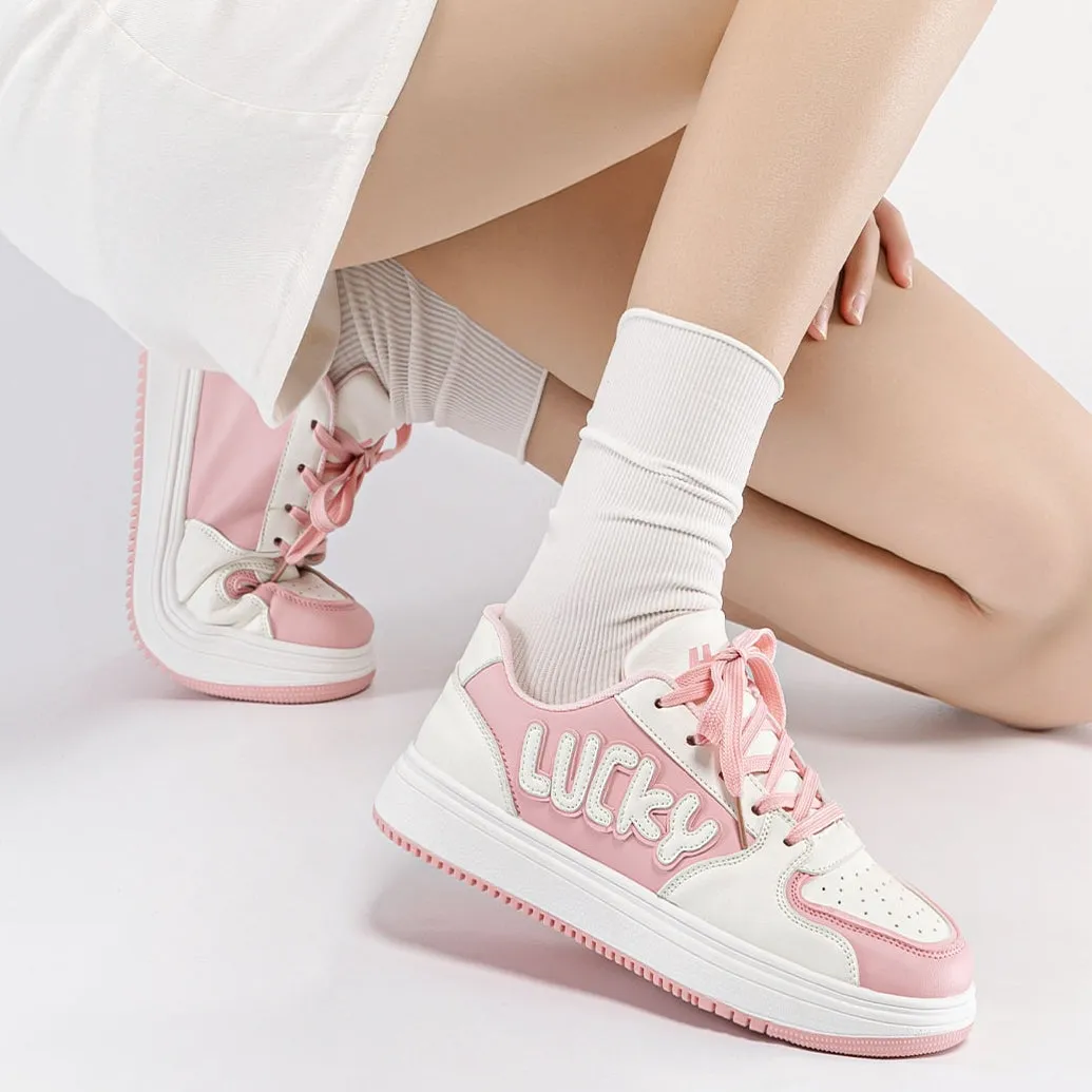 Kawaii Pink Lucky Embroidered Sneakers