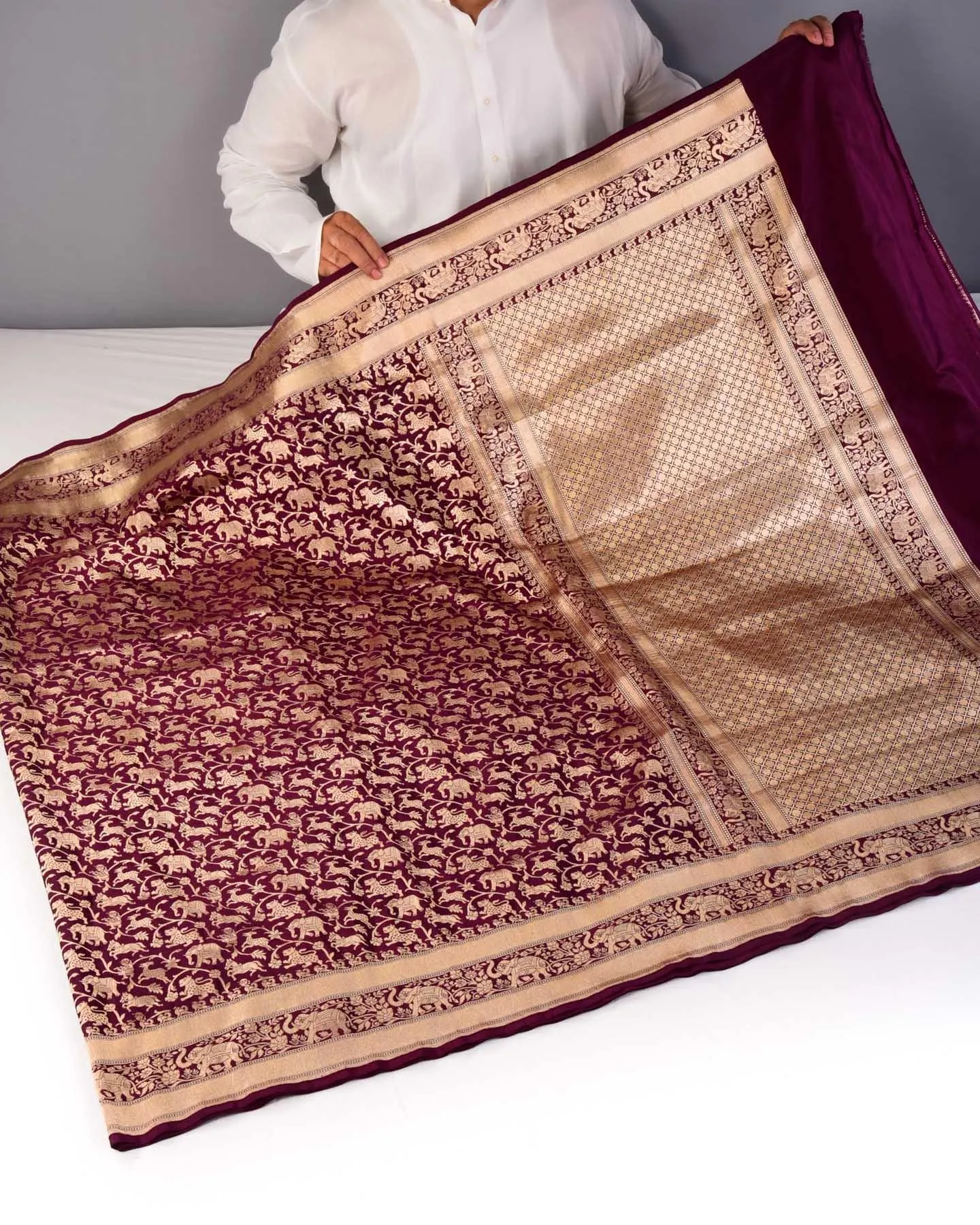 Mahogany Banarasi Shikargah Cutwork Brocade Handwoven Katan Silk Saree with Elephant Trail Border