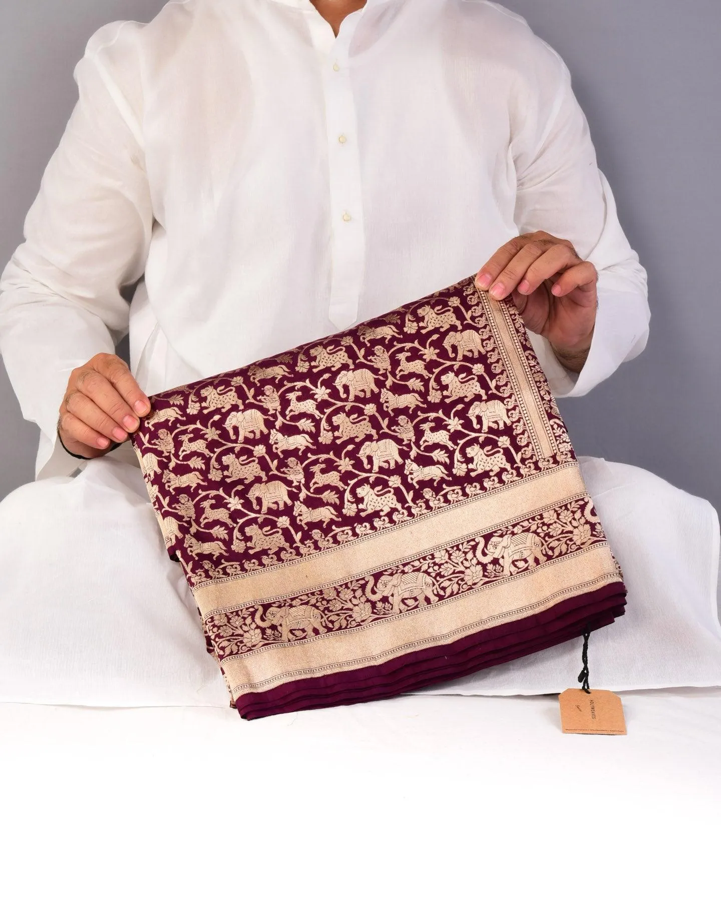 Mahogany Banarasi Shikargah Cutwork Brocade Handwoven Katan Silk Saree with Elephant Trail Border