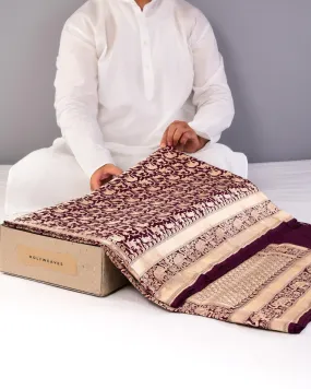 Mahogany Banarasi Shikargah Cutwork Brocade Handwoven Katan Silk Saree with Elephant Trail Border