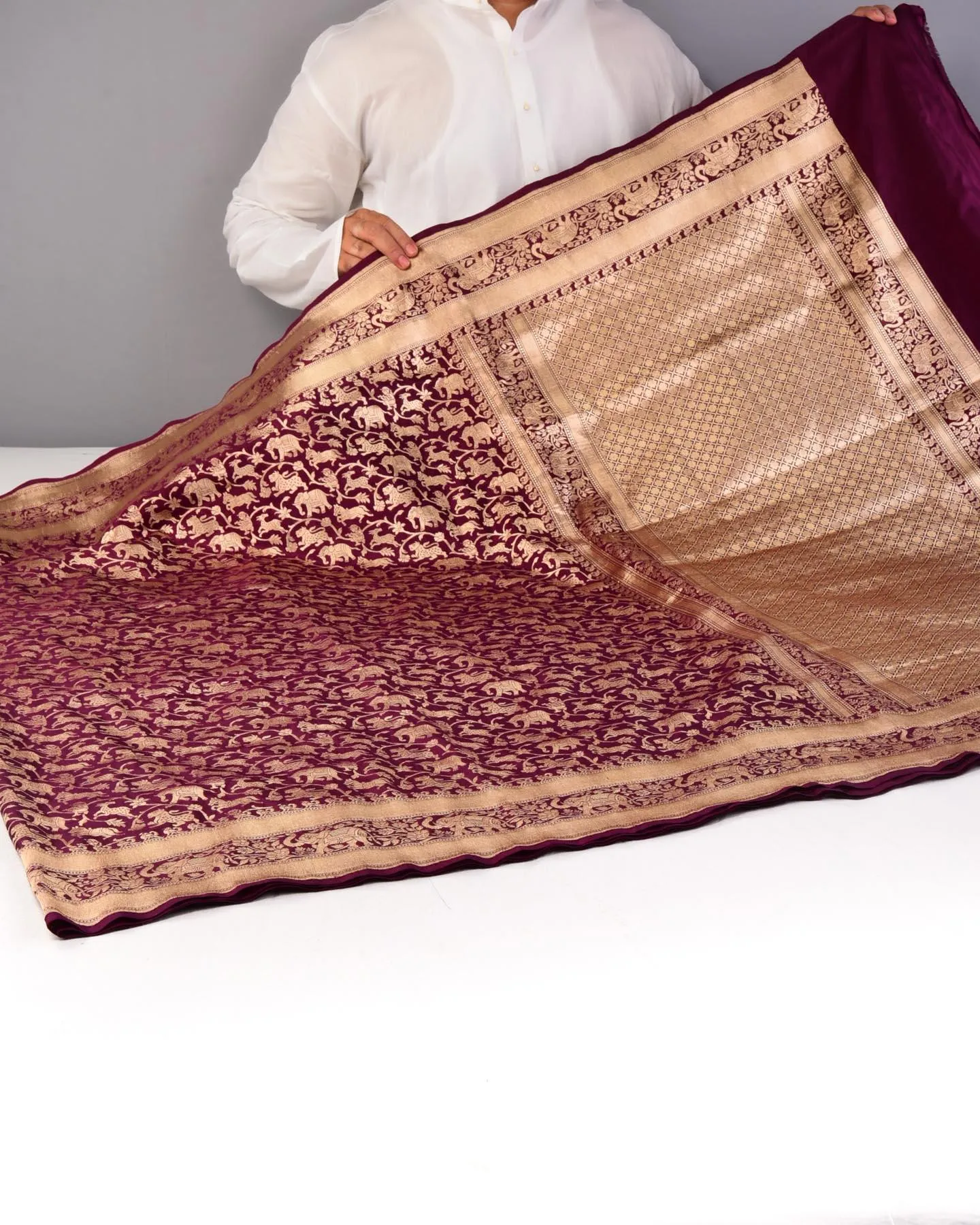 Mahogany Banarasi Shikargah Cutwork Brocade Handwoven Katan Silk Saree with Elephant Trail Border