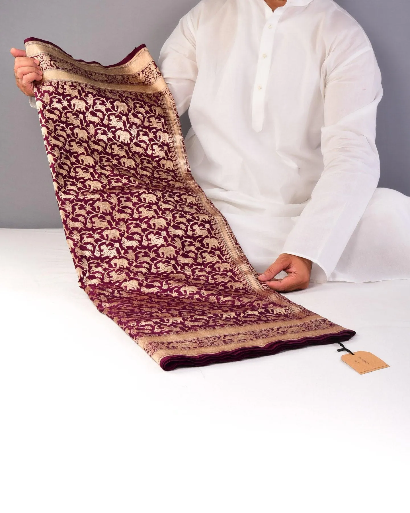 Mahogany Banarasi Shikargah Cutwork Brocade Handwoven Katan Silk Saree with Elephant Trail Border