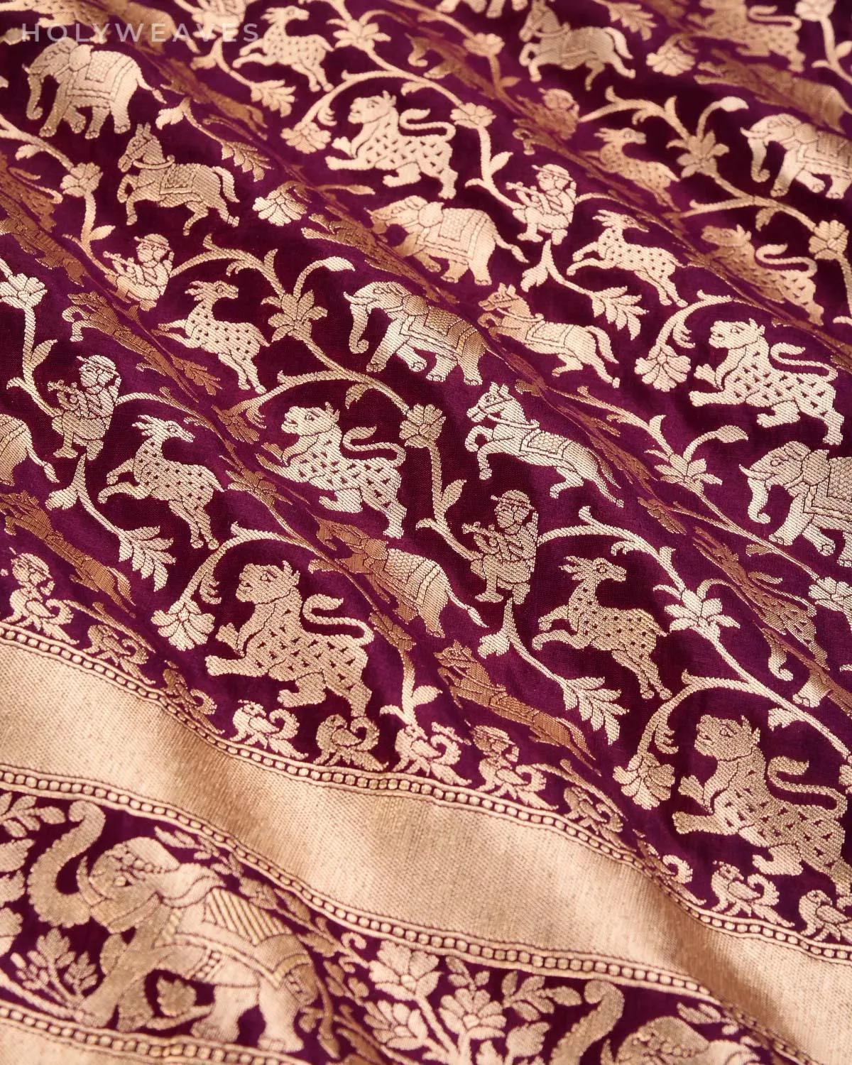 Mahogany Banarasi Shikargah Cutwork Brocade Handwoven Katan Silk Saree with Elephant Trail Border