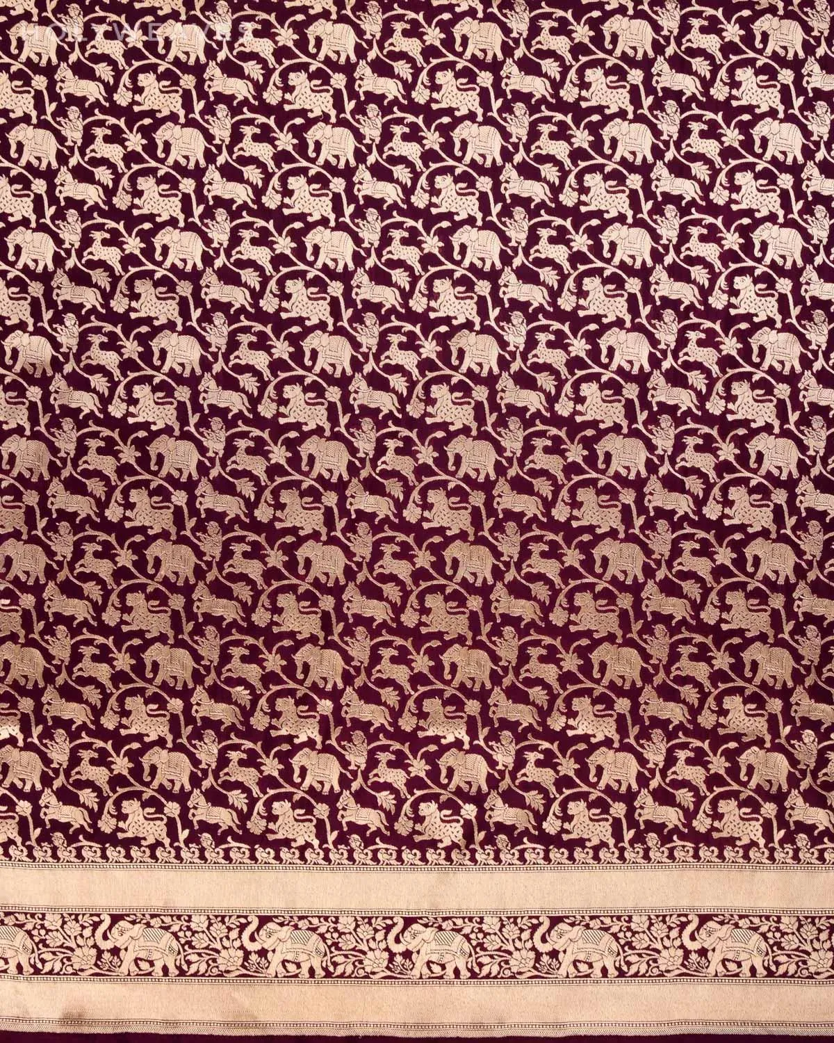 Mahogany Banarasi Shikargah Cutwork Brocade Handwoven Katan Silk Saree with Elephant Trail Border