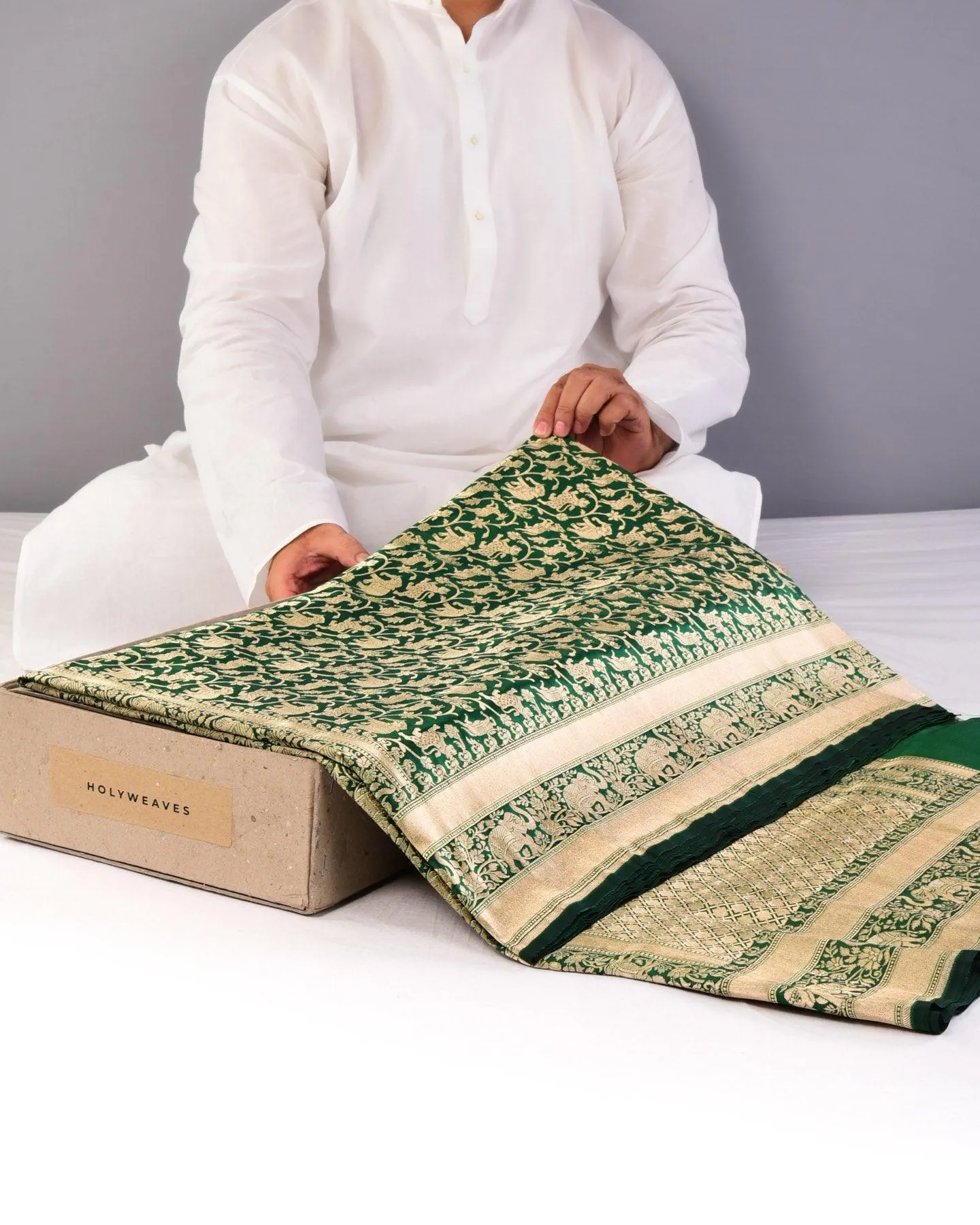 Sacramento Green Banarasi Shikargah Cutwork Brocade Handwoven Katan Silk Saree with Elephant Trail Border