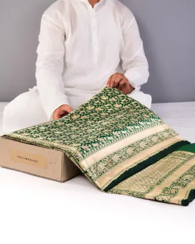 Sacramento Green Banarasi Shikargah Cutwork Brocade Handwoven Katan Silk Saree with Elephant Trail Border