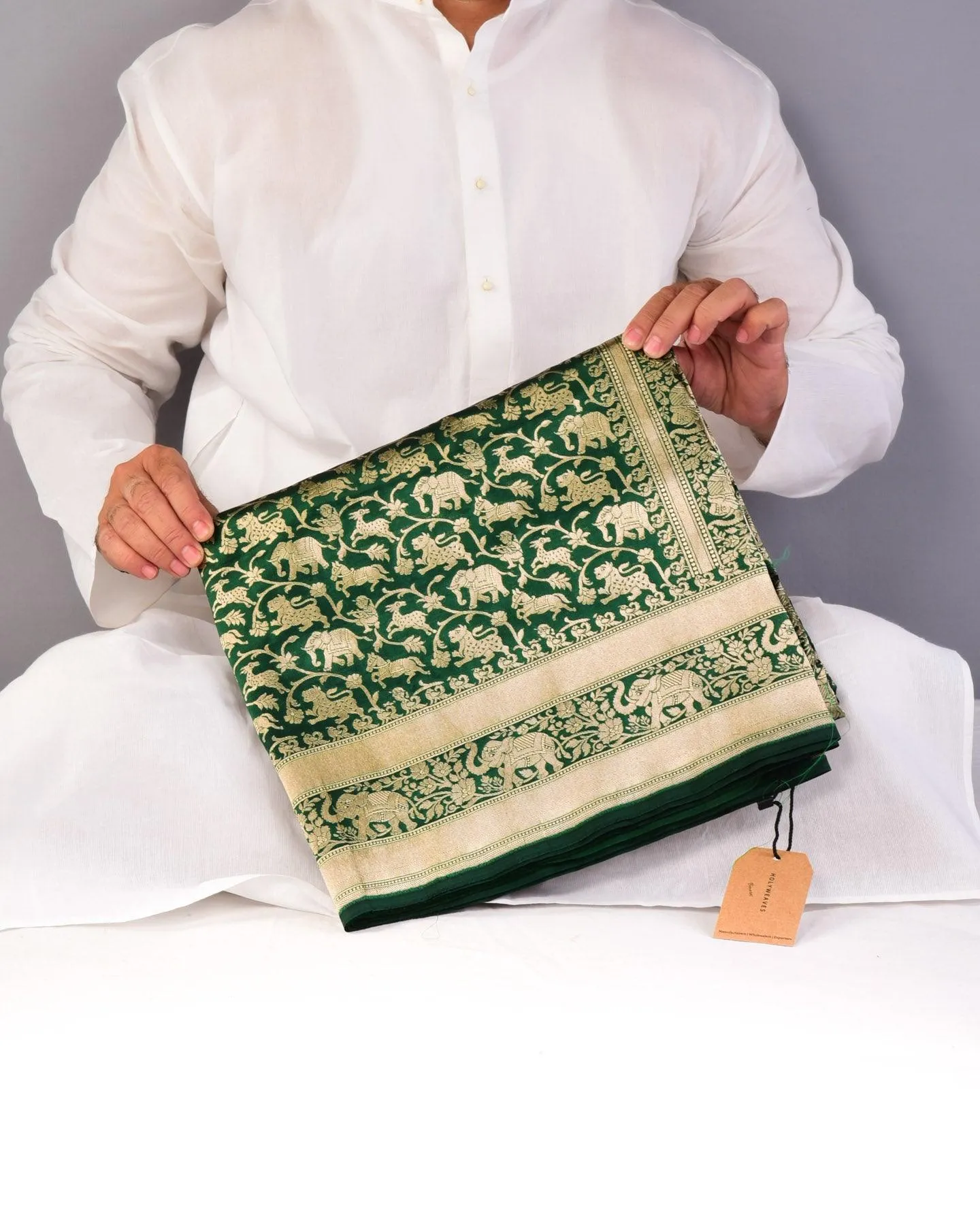 Sacramento Green Banarasi Shikargah Cutwork Brocade Handwoven Katan Silk Saree with Elephant Trail Border