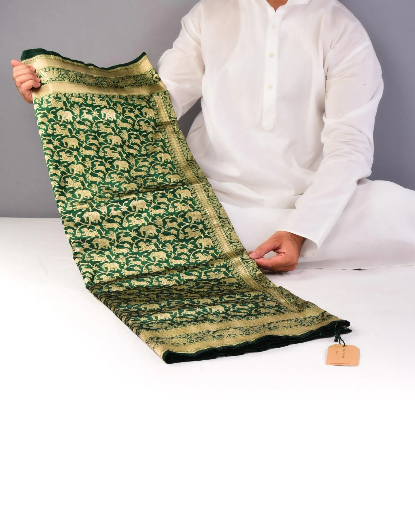 Sacramento Green Banarasi Shikargah Cutwork Brocade Handwoven Katan Silk Saree with Elephant Trail Border