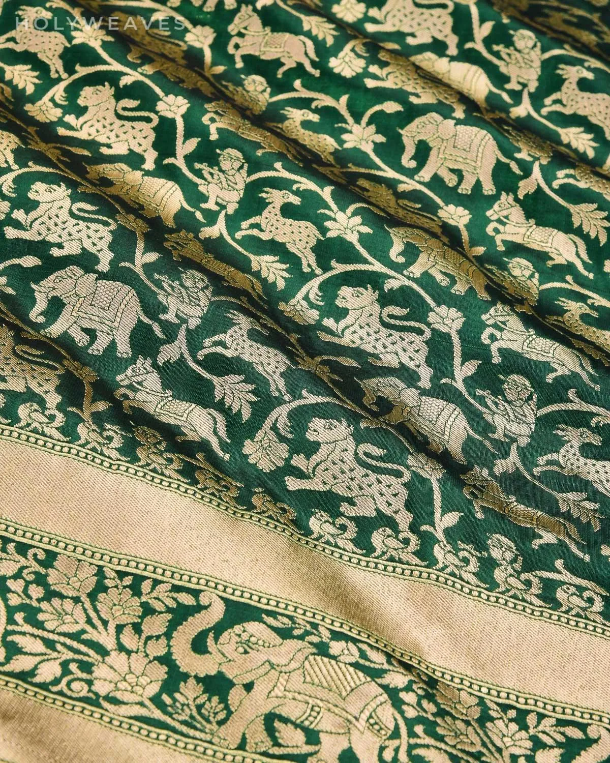 Sacramento Green Banarasi Shikargah Cutwork Brocade Handwoven Katan Silk Saree with Elephant Trail Border