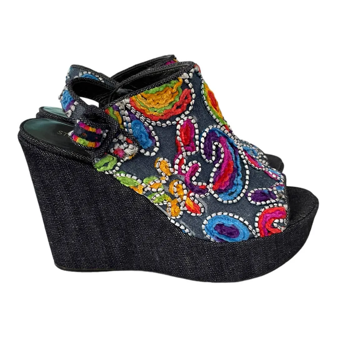 Stuart Weitzman Hand Embroidered Denim Wedge Sandals Shoes Size 9