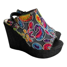 Stuart Weitzman Hand Embroidered Denim Wedge Sandals Shoes Size 9