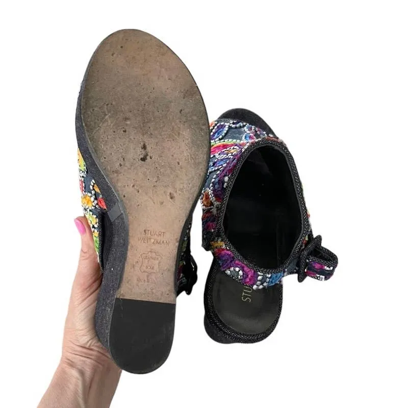 Stuart Weitzman Hand Embroidered Denim Wedge Sandals Shoes Size 9